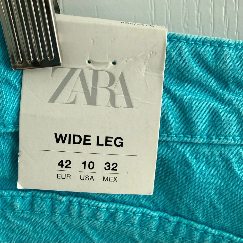 NWT ZARA Full Length High Waist Wide Leg Turquoise Jeans Five Pocket Size 10 - Picture 14 of 17